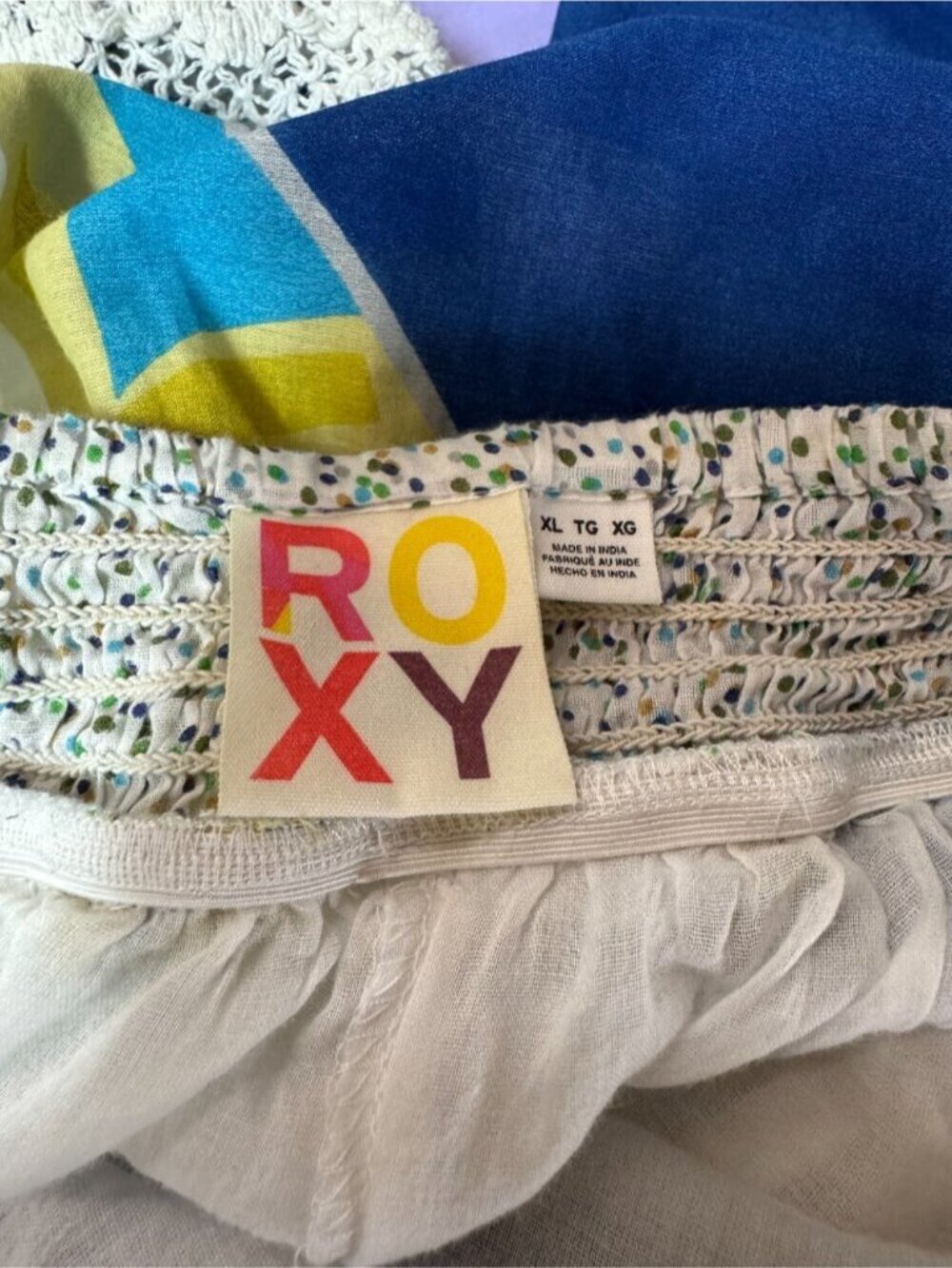 ROXY Geometric Abstract Halter Dress Crochet Lace Trim Ruffle Blue Yellow - Picture 8 of 8